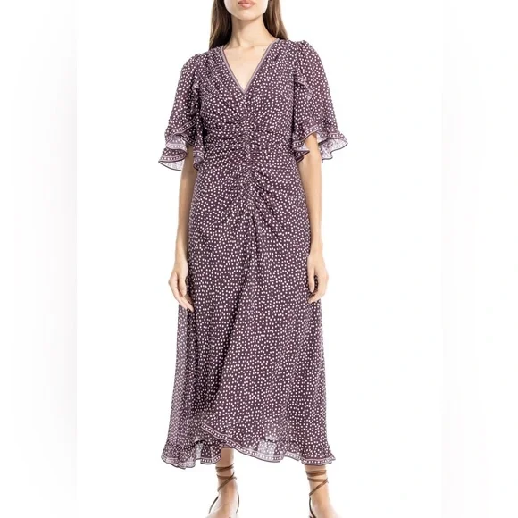 Max Studio | Dresses | New Max Studio Ruffle Flutter Sleeve Dress 88 Midi  Purple Polka Dot Sz Medium | Poshmark